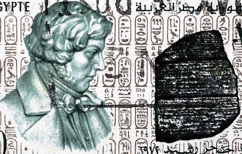 Detail from an old Egyptian postage stamp depicting Jean-François Champollion. Source: Silvio / Adobe Stock