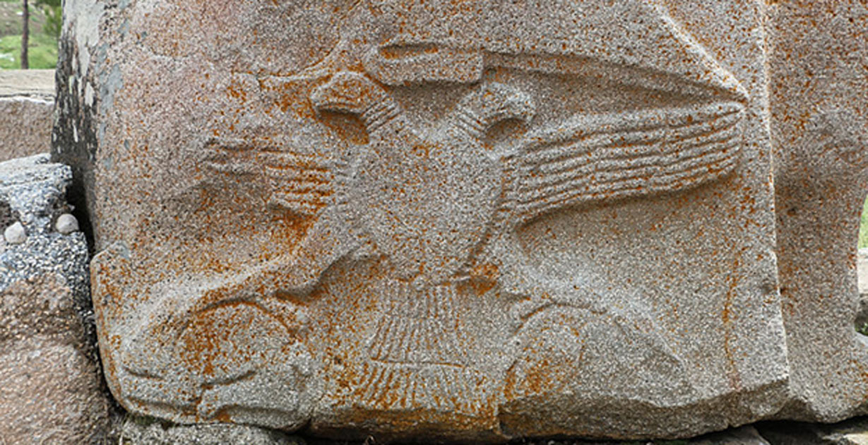 Relief representing a two-headed eagle on the sphinx located at the right of the Sphinx Gate, Alaca Höyük, Turkey.