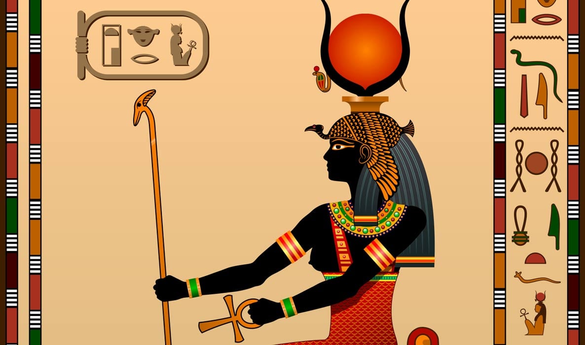 A 2D colorful image of Hathor with the sun disc and sistrum.