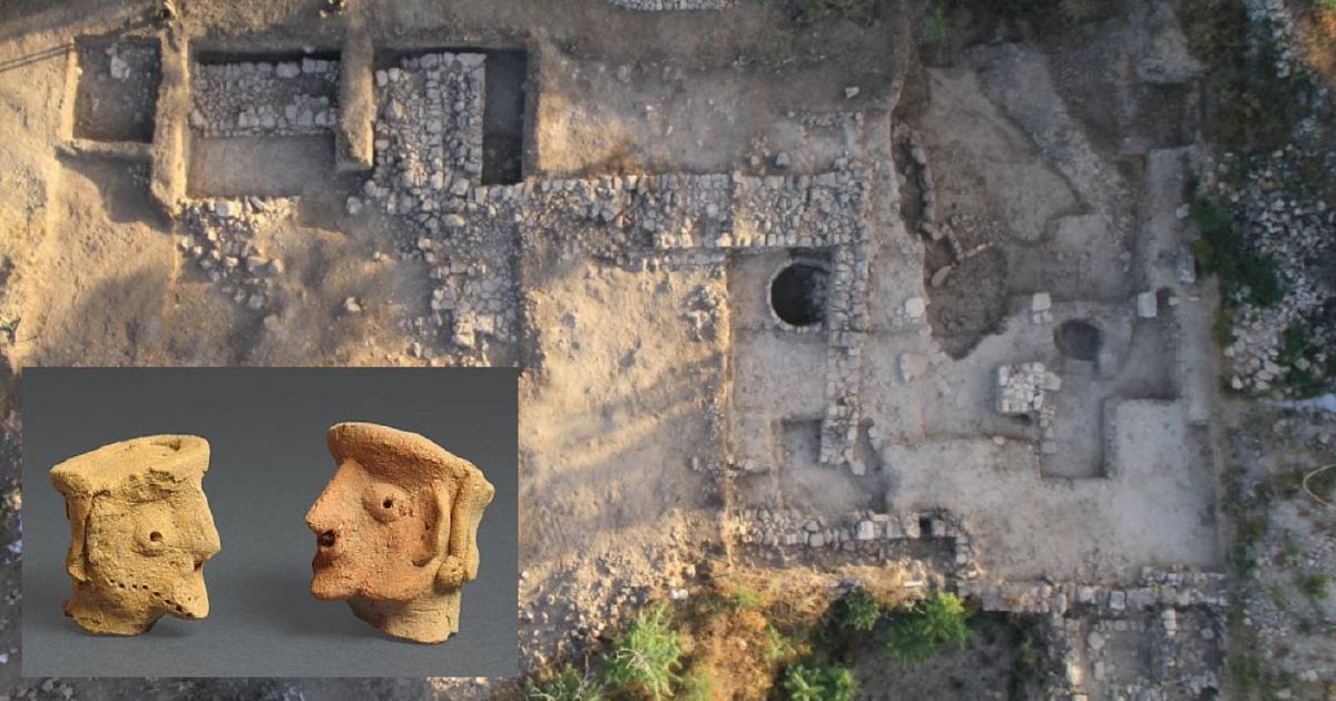 Main: The Tel Motza Iron Age temple excavation site in Jerusalem.    Source: Skyview / Israel Antiquities Authority.     Inset: Ancient figurines of people found at Tel Motza.        Source: Clara Amit / Israel Antiquities Authority