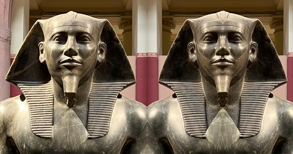 Left is the original photo of the Khafre statue; right is the photo cut in half and flipped.	Source: Author provided.