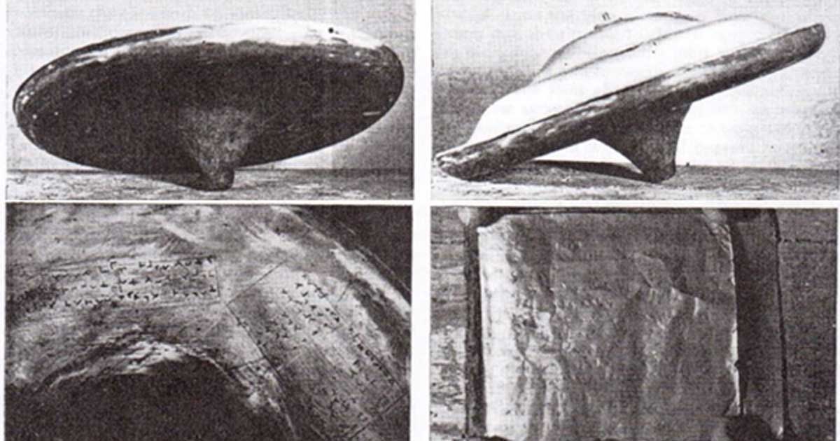 Images taken by Dr. John Dale in 1958 showing the intact saucer, the copper base with hieroglyphs and one of the copper sheets from the ‘booklet’ that contained a message from Ullo.