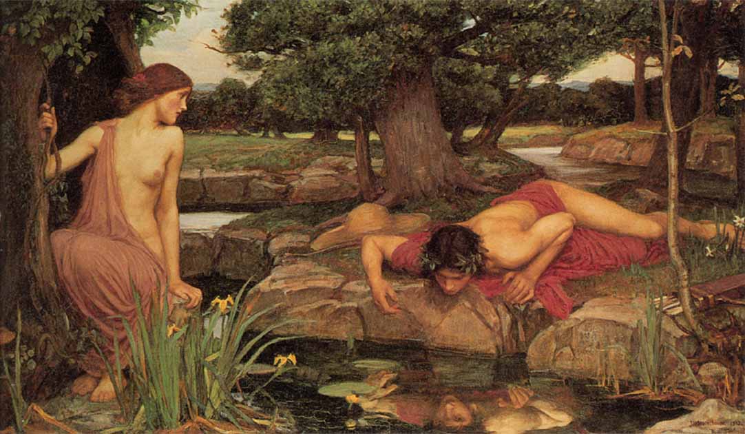 Echo and Narcissus in a painting by John William Waterhouse, and one senses that Narcissus has already fallen in love with himself for all time.		Source: John William Waterhouse / Public domain