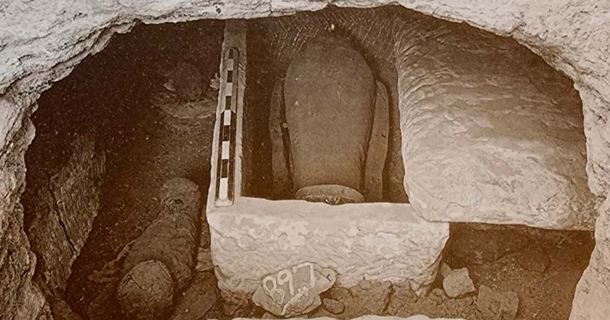 Old photo of one of the tombs in the Nubian cemetery discovered in 1908. 	Source: University of Manchester