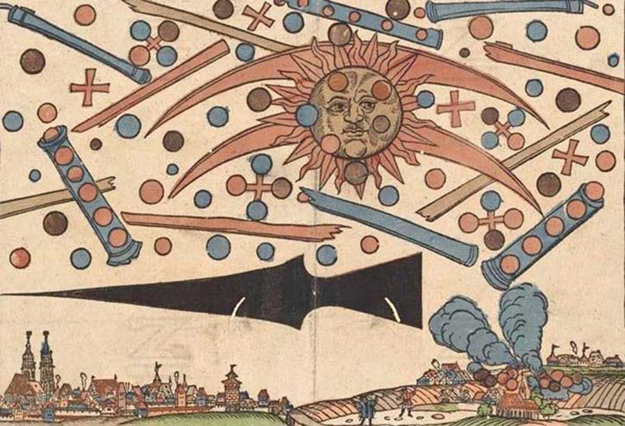 The celestial phenomenon over the German city of Nuremberg on April 14, 1561, as printed in an illustrated news notice in the same month. Source: Public Domain