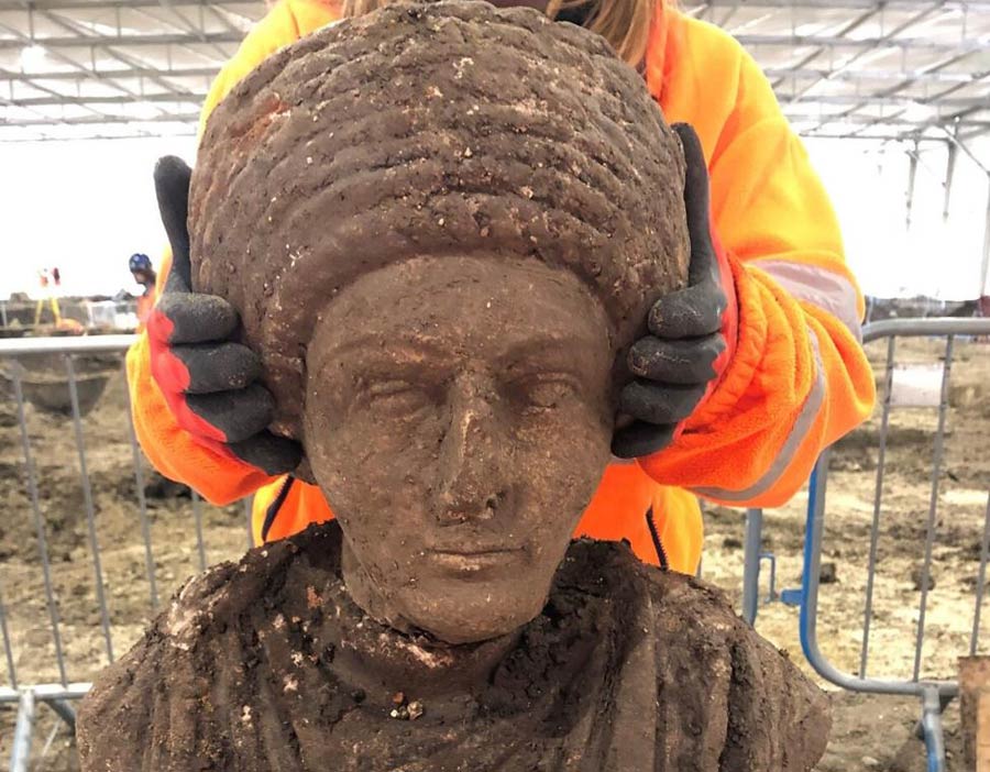 Complete bust of female Roman statue discovered at the site of old St Mary’s church in Stoke Mandeville, Buckinghamshire, England. Source: HS2