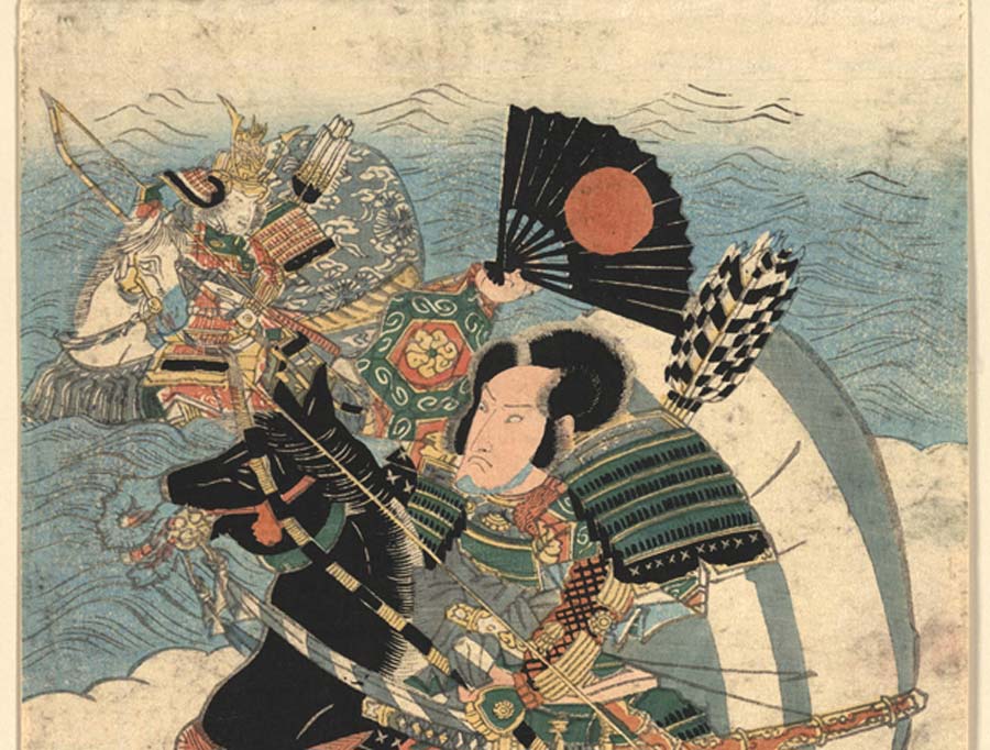 Detail of ‘The warriors Kumagai Naozane and Taira no Atsumori.’ One of the warriors is brandishing a Japanese war fan called a Tessen.