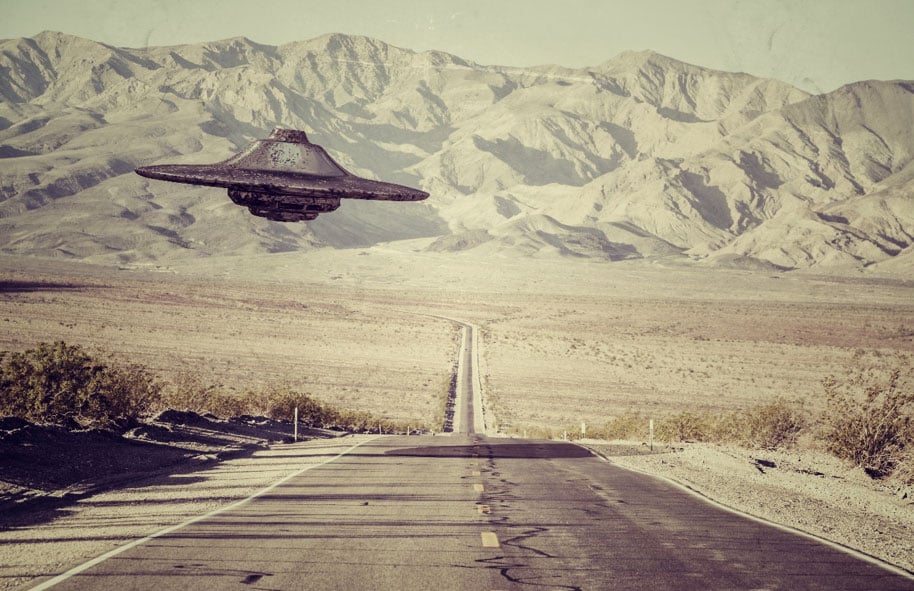 A UFO flying over the New Mexico desert. 