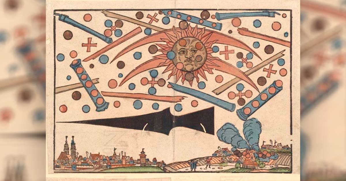 1561 celestial phenomenon over Nuremberg as printed in an illustrated news notice (described by UFO enthusiasts as an aerial battle of extraterrestrial origin and considered a sun dog by skeptics) Source: Public Domain