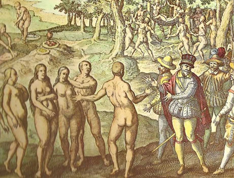 Amerigo Vespucci meeting fair skinned and blond natives upon his arrival on his first voyage to the New World, 1497.