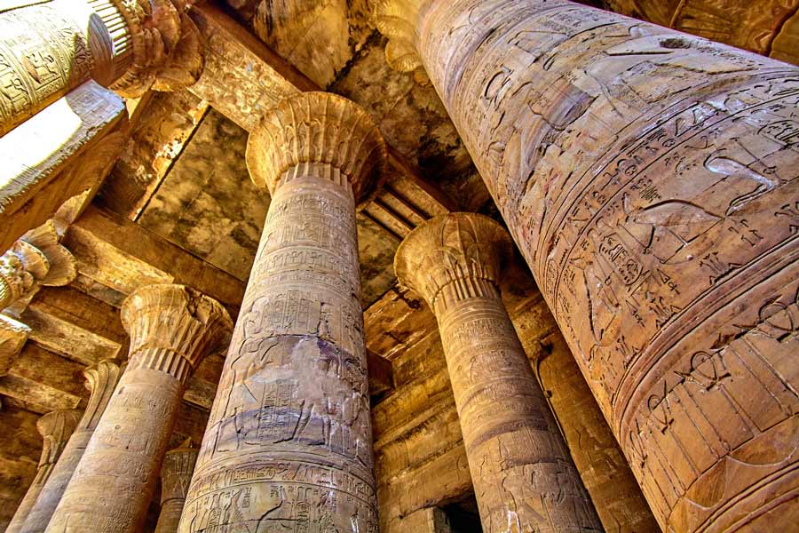 Ancient columns at the Temple of Horus at Edfu, Egypt. Source: EwaStudio / Adobe Stock
