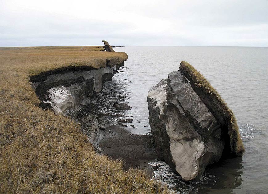 In this photo you can see a collapsed block of ice-rich permafrost along Drew Point, Alaska. Ancient diseases released from such rapid change pose a dire threat to 21st-century human populations.            Source: Benjamin Jones, U.S. Geological Survey / Public domain