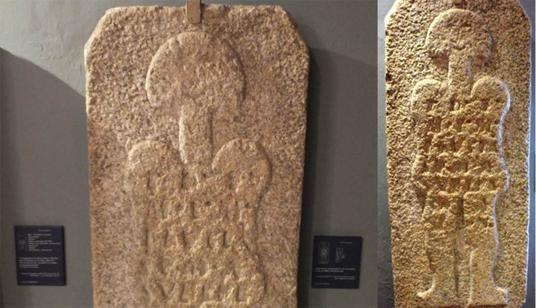 The stele dubbed by some as the “astronaut of Casar” is exhibited in the Caceres Museum, Caceres, Spain.      Source: Left; Alberto del Barrio Herrero / CC BY-SA 2.0, Right; verpueblos