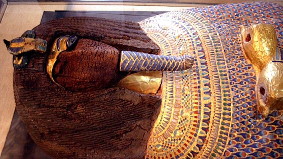 The desecrated royal coffin found in Tomb KV55.