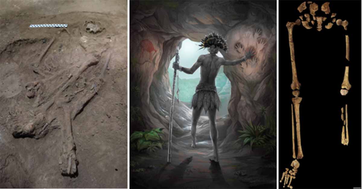 Left: Liang Tebo burial features of the 29000-BC amputee of Borneo, Indonesia: a) A single adult inhumation (TB1); the skull is to the right of the scale bar; Middle: Artist ‘s impression of Tebo1, the oldest amputee on record; Right: Surgically amputated site of the left tibia and fibula showing the evidence of amputation.             Source: Maloney, et al. / Nature; Jose Garcia (Garciartist) and Griffith University / Nature; Maloney, et al. / Nature