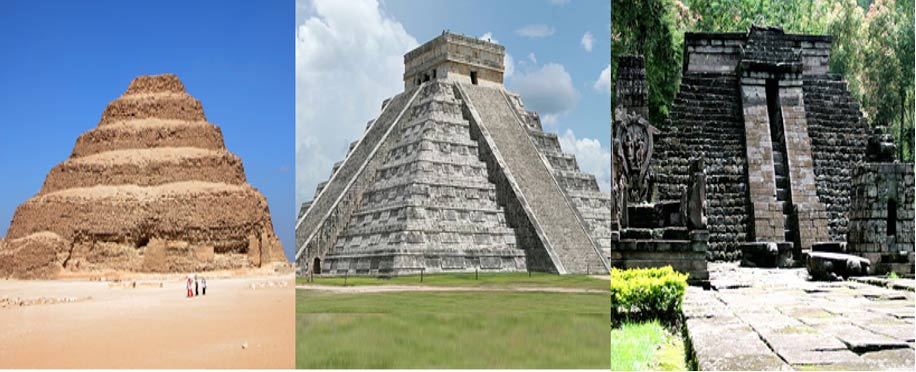Deriv; Step Pyramid of Djoser, Egypt., El Castillo (pyramid of Kukulcán) in Chichén Itzá, Mexico, Candi Sukuh in eastern Central Java