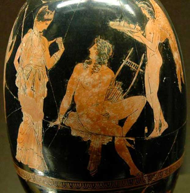 Aphrodite and Adonis, Attic red-figure aryballos-shaped lekythos by Aison, ca. 410 BC. (Public domain)