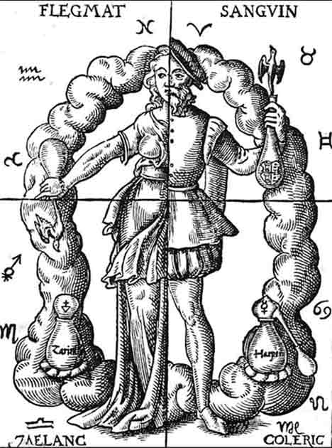 16th-century German illustration of the four humors: Flegmat (phlegm), Sanguin (blood), Coleric (yellow bile, and Melanc (black bile), divided between the male and female sexes. (Public Domain)