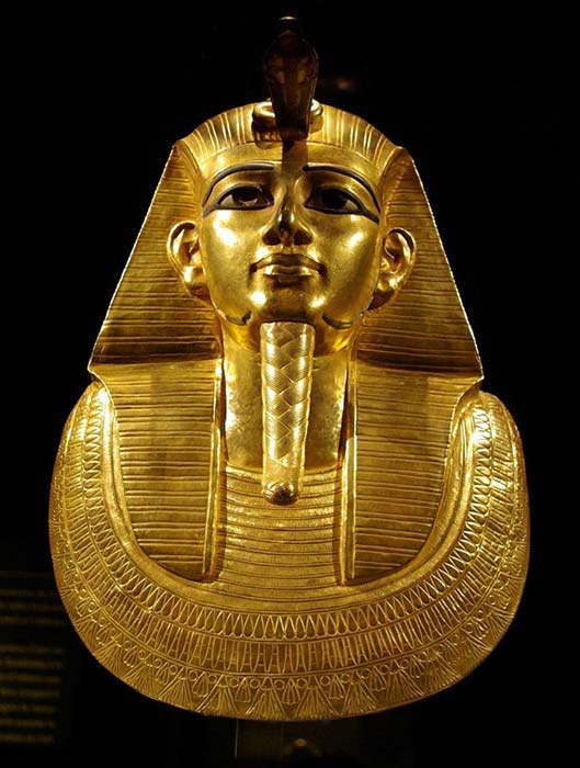 The gold funerary mask of Psusennes I discovered at Tanis by Pierre Montet in 1940