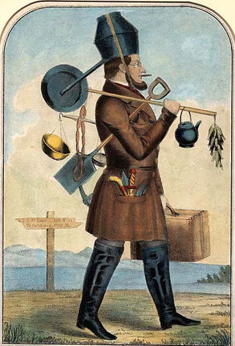 he gold mania of 1848 and 1849 inspired a number of satirical cartoons such as this comical print. The gold hunter is loaded down with every conceivable appliance - much of which would be useless in California.