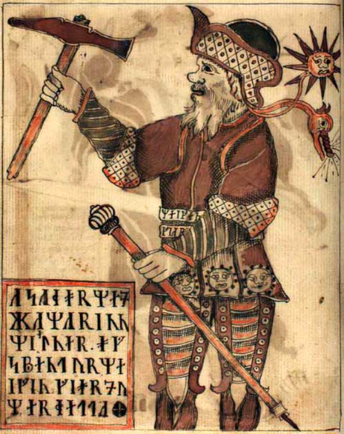Thor with his hammer Mjolnir, forged by dwarves in Svartalheim, from an 18th century Icelandic manuscript (Public Domain)