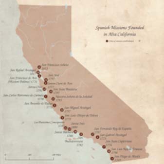 The horse and mule trail known as El Camino Real as of 1821 and the locations of the 21 Franciscan missions in Alta California (click to zoom). 