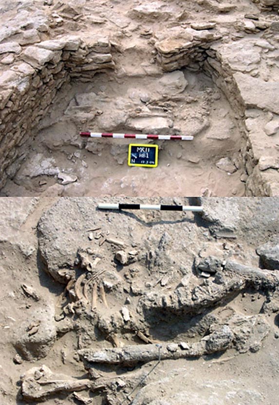 A human skeleton that was found in 2004 was placed on a stone platform at the southern end of a room. (Top) Detail of the skeleton. (Bottom)