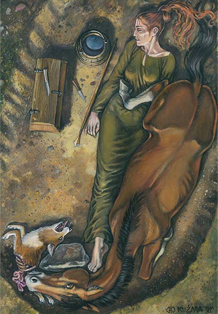 Illustration of the human with horse grave at Trekroner-Grydehøj, by Mirosław Kuźma. (Leszek Gardeła /The Conversation)