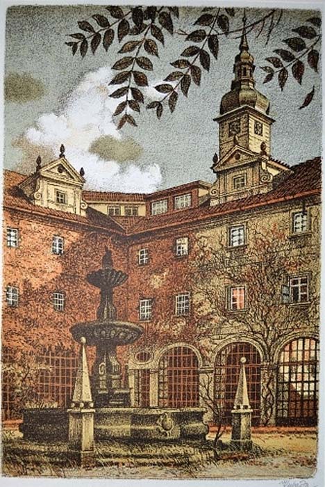 1945 illustration of the Clementinum by Vojtech Kubasta.