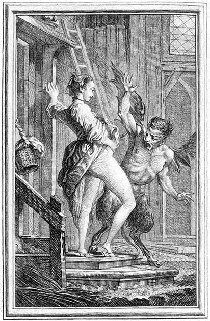 An 18th-century illustration by Charles Eisen from La Fontaine's Nouveaux Contes (1764) showing a demon being repulsed by the sight of a woman lifting her skirt to display her genitals. (Charles Dominique Joseph Eisen / Public domain)