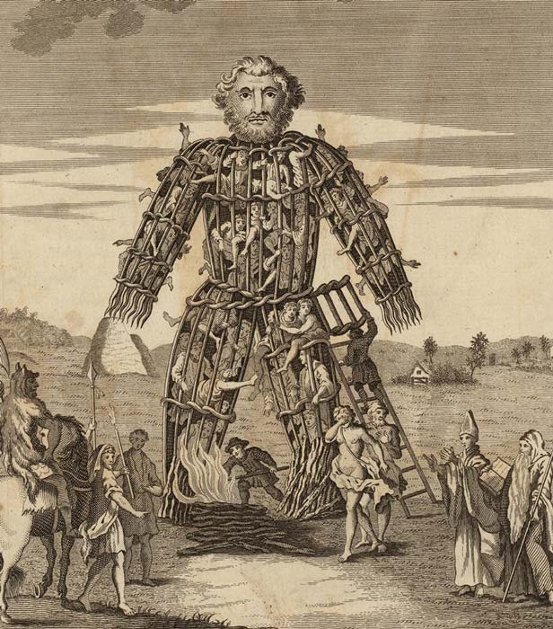 An 18th-century illustration of a wicker man, a large statue which the Druids were believed by the Romans to have used for human sacrifice. Engraving from A Tour in Wales written by Thomas Pennant. (Public domain)