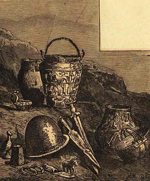 Illustration of the sacrificial hoard discovery, which included the so-called Negau helmets. (Public domain)