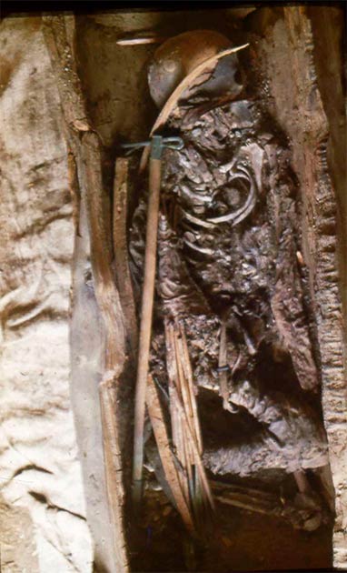 This Scythian child was buried with a complete set of weapons: an axe, a one-meter bow made of birch and a quiver with ten arrows some 70 centimeters in length. (Image: Vladimir Semyonov)