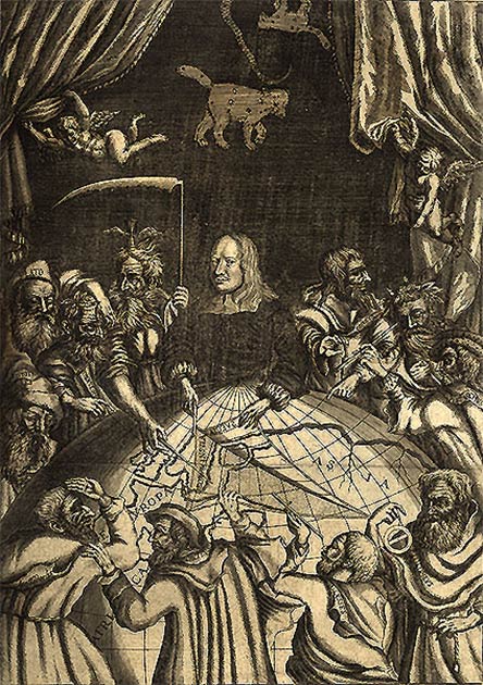 A 17th century artwork of Olof Rudbeck dissecting the world and revealing the “secret location” of Atlantis. He is surrounded by well-known figures of antiquity such as Plato, Aristotle, and Homer. (Public Domain)