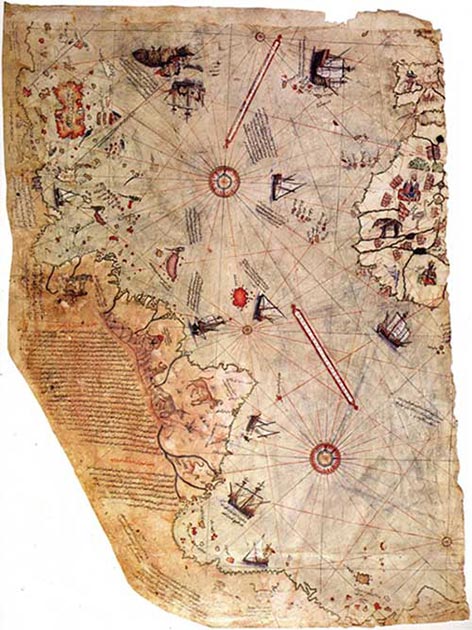 Map of the world by Ottoman admiral Piri Reis, drawn in 1513 but allegedly based on much older maps. (Public Domain)