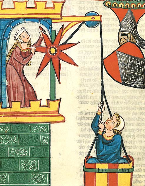 Man in love being lifted to his lady in a basket, from the Codex Manesse. (Public domain)