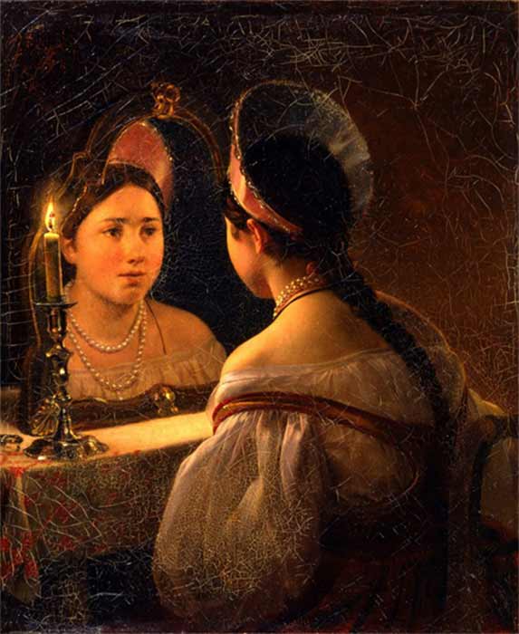Catoptromancia popular rusa - adivinación usando un espejo - por Karl Briullov, (1836) Museo de Nizhniy Novgorod (dominio público)