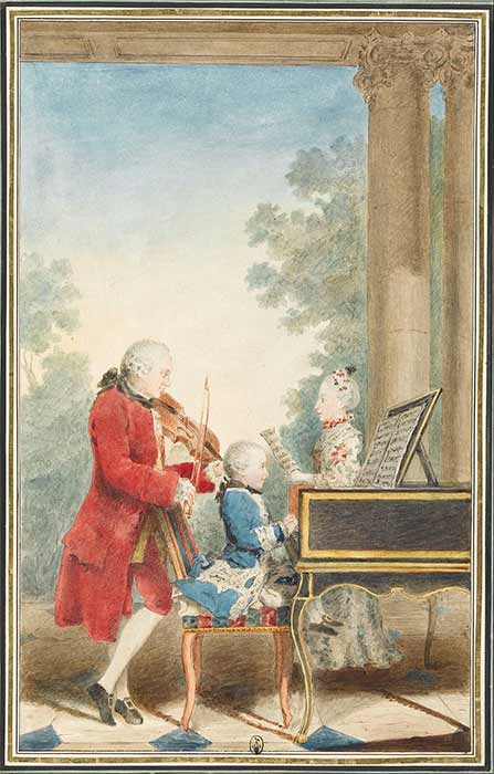 The Mozart family on tour: Leopold, Wolfgang, and Nannerl  by Carmontelle (c. 1763) (Public Domain)