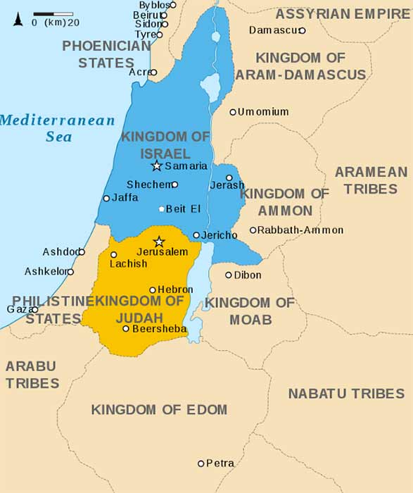 Map of the region in the ninth century BC, the Kingdom of Israel is in blue, and the Southern Kingdom of Judah is in yellow, with Philistia to its left, on the Mediterranean coast. (CC BY-SA 3.0)