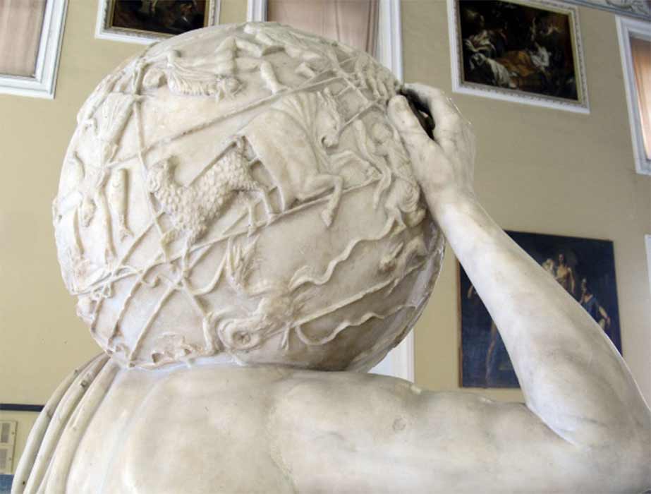 Cetus, the canine-headed Sea Serpent constellation on the second-century Farnese astral globe. (Sailko / CC BY-SA 3.0) and right: Sketch of Cetus on the Farnese star globe. (©Elizabeth Hardy)