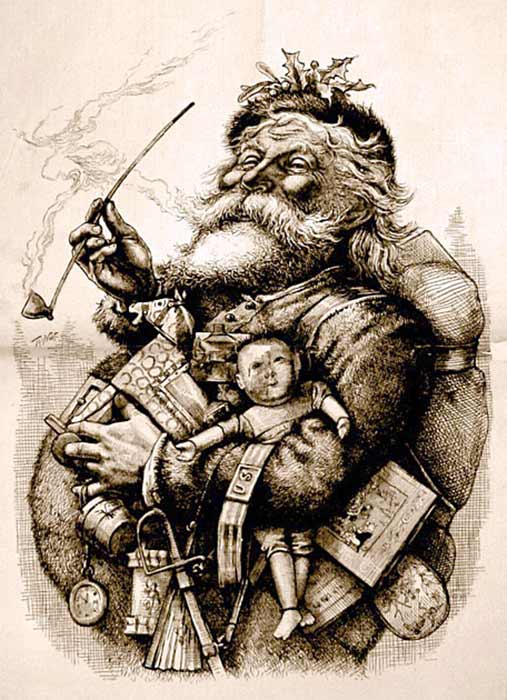 Antique illustration by Thomas Nast who, together with Clement Clarke Moore , helped create the modern image of Santa Claus (1881) (Public Domain)