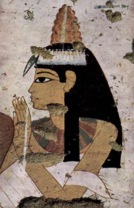 Un cono de cabeza sobre la cabeza de una mujer, distintivo en color y forma, y ​​que se parece a una colmena.  Pintura de tumbas, Tebas,1350-1300 a.C.  (Dominio publico)
