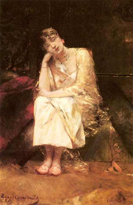 Mujer joven contemplando, con una máscara tendida a sus pies por Benjamin-Constant (Dominio público)