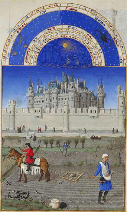 The Louvre Palace, shown in this early 15th century illumination, representing the month of October in ‘Les très riches Heures du Duc de Berry’, was rebuilt during the reign of Charles V – Astrology was a contemporary topic. (Public Domain)