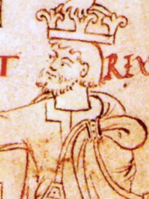 Ilustración contemporánea del rey Canuto, c.995-1035. Manuscrito iluminado, Liber Vitae (1031) The British Library. (Dominio publico)