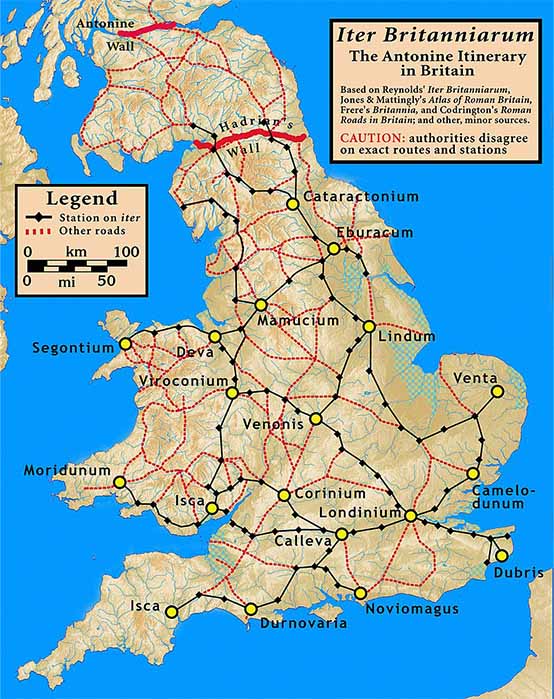 Main Roman cities and roads in Roman Britain, according to the "Antonine Itinerary" (CC BY-SA 3.0)