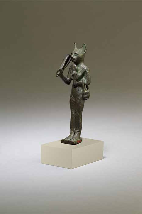 Bastet statuette holding a sistrum and a basket. Late Period–Ptolemaic Period (664–30 BC) Metropolitan Museum of Art (Public Domain)