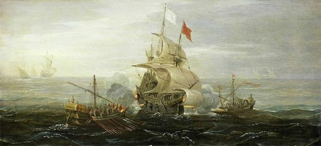 French ship under attack by Barbary pirates, by Aert Anthoniszoon (ca. 1615) National Maritime Museum, England. (Public Domain).