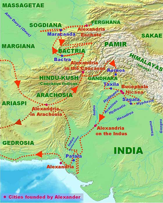 Campañas y puntos de referencia de la invasión de Alejandro del subcontinente indio noroccidental. (Dominio publico)
