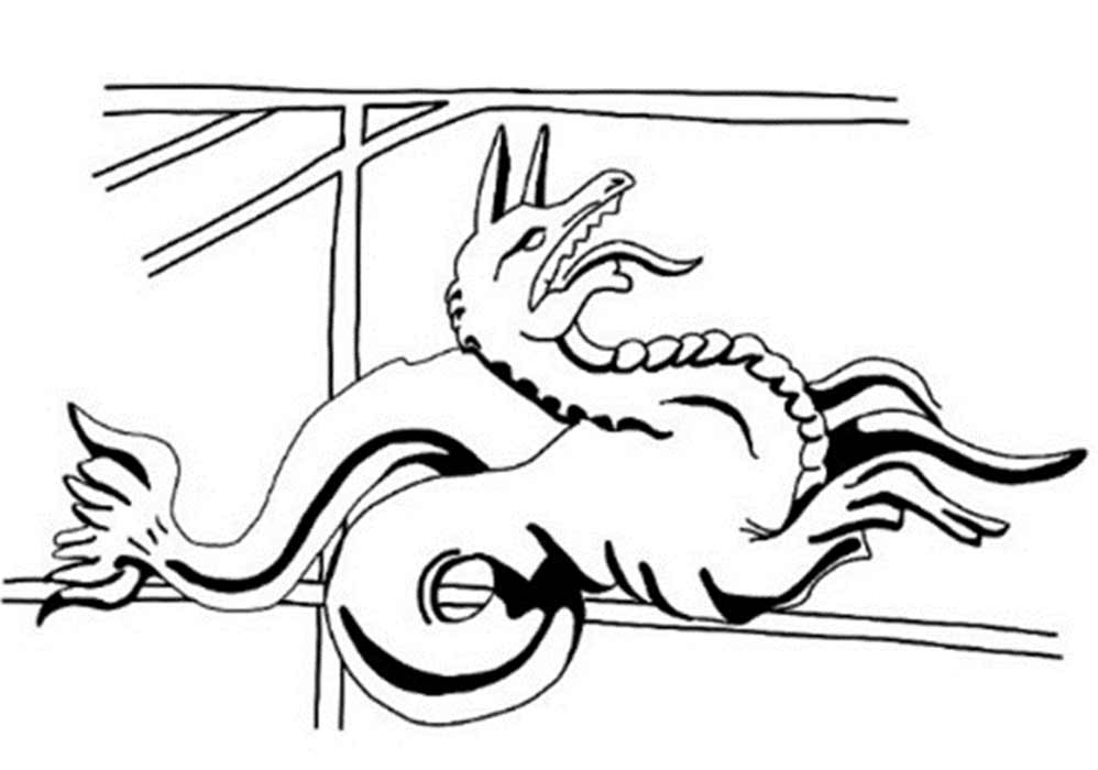 Cetus, the canine-headed Sea Serpent constellation on the second-century Farnese astral globe. (Sailko / CC BY-SA 3.0) and right: Sketch of Cetus on the Farnese star globe. (©Elizabeth Hardy)